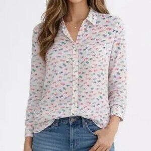 Rails Kate Watercolor Hearts Silk Button Down Blouse XS 100% Silk